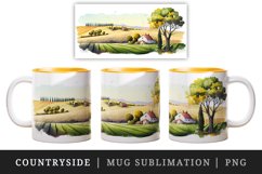 Watercolor countryside with fields and farmland, landscape design wrap sublimation bundle for customize your mug