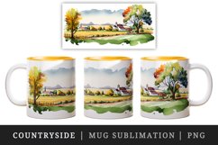 Watercolor countryside with fields and farmland, landscape design wrap sublimation bundle for customize your mug