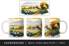 Watercolor countryside with fields and farmland, landscape design wrap sublimation bundle for customize your mug