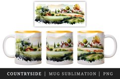 Watercolor countryside with fields and farmland, landscape design wrap sublimation bundle for customize your mug