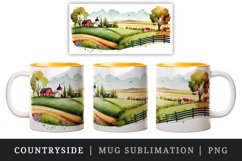 Watercolor countryside with fields and farmland, landscape design wrap sublimation bundle for customize your mug