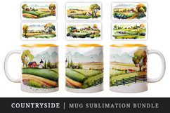 Watercolor countryside with fields and farmland, landscape design wrap sublimation bundle for customize your mug