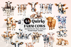 Watercolor Cow Clipart Funny Farm Cow Characters PNG Product Image 1