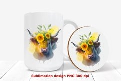 Watercolor highland cow with sunflowers is sublimation design for t shirt, mug