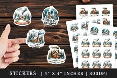 Watercolor cozy cabin chimney smoke snowy trees Merry Christmas quote New Year winter print sticker sheet stickers printable sublimation design png