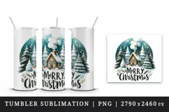 Watercolor cozy cabin smoke chimney trees Merry Christmas quote print 20 oz tumbler skinny mug wrap clipart t-shirt sublimation printable design