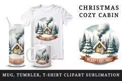 Watercolor cozy cabin smoke chimney trees Merry Christmas quote print 20 oz tumbler skinny mug wrap clipart t-shirt sublimation printable design