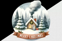 Watercolor cozy cabin smoke chimney trees Merry Christmas quote print 20 oz tumbler skinny mug wrap clipart t-shirt sublimation printable design