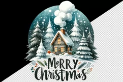 Watercolor cozy cabin smoke chimney trees Merry Christmas quote print 20 oz tumbler skinny mug wrap clipart t-shirt sublimation printable design