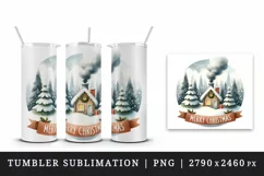 Watercolor cozy cabin smoke chimney trees Merry Christmas quote print 20 oz tumbler skinny mug wrap clipart t-shirt sublimation printable design