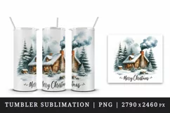 Watercolor cozy cabin smoke coming out chimney trees Merry Christmas quote print tumbler skinny mug wrap clipart t-shirt sublimation printable design