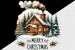 Watercolor cozy cabin smoke coming out chimney trees Merry Christmas quote print tumbler skinny mug wrap clipart t-shirt sublimation printable design