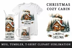 Watercolor cozy cabin smoke coming out chimney trees Merry Christmas quote print tumbler skinny mug wrap clipart t-shirt sublimation printable design