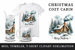Watercolor cozy cabin smoke coming out chimney trees Merry Christmas quote print tumbler skinny mug wrap clipart t-shirt sublimation printable design