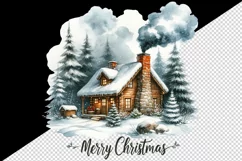 Watercolor cozy cabin smoke coming out chimney trees Merry Christmas quote print tumbler skinny mug wrap clipart t-shirt sublimation printable design