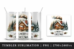 Watercolor cozy cabin smoke coming out chimney trees Merry Christmas quote print tumbler skinny mug wrap clipart t-shirt sublimation printable design