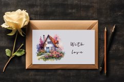 Watercolor cozy cottage surrounded by flowers sublimation print designs and clipart bundle