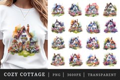Watercolor cozy cottage surrounded by flowers sublimation print designs and clipart bundle