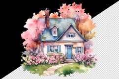Watercolor cozy cottage surrounded by flowers sublimation print designs and clipart bundle
