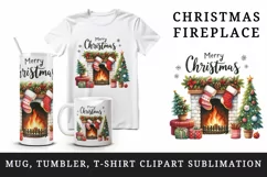 Watercolor cozy fireplace stocking tree Merry Christmas quote print 20 oz tumbler skinny mug wrap clipart t-shirt sublimation printable design