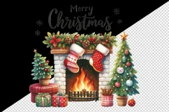 Watercolor cozy fireplace stocking tree Merry Christmas quote print 20 oz tumbler skinny mug wrap clipart t-shirt sublimation printable design