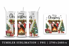 Watercolor cozy fireplace stocking tree Merry Christmas quote print 20 oz tumbler skinny mug wrap clipart t-shirt sublimation printable design