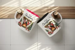 Watercolor cozy fireplace stocking tree Merry Christmas quote print 20 oz tumbler skinny mug wrap clipart t-shirt sublimation printable design