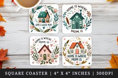 Watercolor cozy house sparkles and leaves around Home is Where Mom is quote Mothers Day mama print square coaster mug coasters sublimation design
