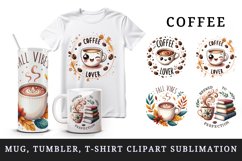 Watercolor cup of coffee and book autumn leaves splash beans coffee lover print tumbler skinny mug wrap clipart t-shirt sublimation printable design
