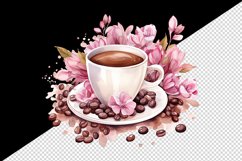 Watercolor cup of coffee and pink flowers floral 20 oz tumbler skinny mug wrap clipart t-shirt sublimation printable design