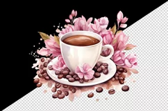 Watercolor cup of coffee and pink flowers floral 20 oz tumbler skinny mug wrap clipart t-shirt sublimation printable design