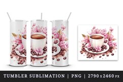 Watercolor cup of coffee and pink flowers floral 20 oz tumbler skinny mug wrap clipart t-shirt sublimation printable design