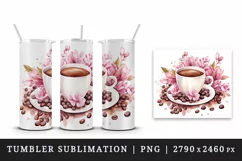 Watercolor cup of coffee and pink flowers floral 20 oz tumbler skinny mug wrap clipart t-shirt sublimation printable design