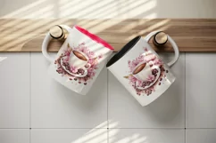Watercolor cup of coffee and pink flowers floral 20 oz tumbler skinny mug wrap clipart t-shirt sublimation printable design
