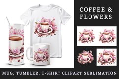 Watercolor cup of coffee and pink flowers floral 20 oz tumbler skinny mug wrap clipart t-shirt sublimation printable design