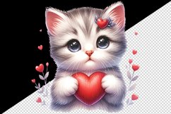 Watercolor cute adorable cat kitten holding red heart Valentine Day print 20 oz tumbler skinny mug wrap clipart t-shirt sublimation printable design