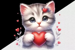 Watercolor cute adorable cat kitten holding red heart Valentine Day print 20 oz tumbler skinny mug wrap clipart t-shirt sublimation printable design