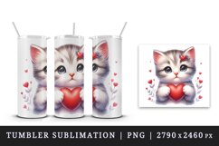 Watercolor cute adorable cat kitten holding red heart Valentine Day print 20 oz tumbler skinny mug wrap clipart t-shirt sublimation printable design