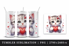 Watercolor cute adorable cat kitten holding red heart Valentine Day print 20 oz tumbler skinny mug wrap clipart t-shirt sublimation printable design