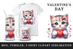 Watercolor cute adorable cat kitten holding red heart Valentine Day print 20 oz tumbler skinny mug wrap clipart t-shirt sublimation printable design