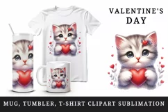 Watercolor cute adorable cat kitten holding red heart Valentine Day print 20 oz tumbler skinny mug wrap clipart t-shirt sublimation printable design