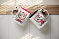 Watercolor cute adorable cat kitten holding red heart Valentine Day print 20 oz tumbler skinny mug wrap clipart t-shirt sublimation printable design