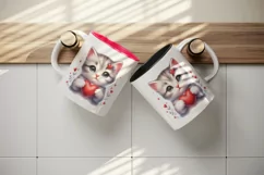 Watercolor cute adorable cat kitten holding red heart Valentine Day print 20 oz tumbler skinny mug wrap clipart t-shirt sublimation printable design