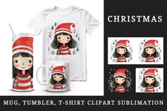 Watercolor cute adorable girl Christmas Santa Claus hat helper New Year 20 oz tumbler skinny mug wrap clipart t-shirt sublimation printable design