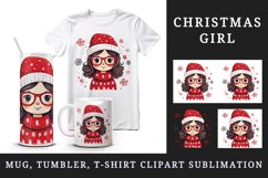 Watercolor cute adorable girl Christmas Santa Claus hat helper New Year 20 oz tumbler skinny mug wrap clipart t-shirt sublimation printable design