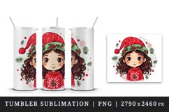 Watercolor cute adorable girl Christmas Santa Claus hat helper New Year 20 oz tumbler skinny mug wrap clipart t-shirt sublimation printable design