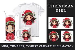 Watercolor cute adorable girl Christmas Santa Claus hat helper New Year 20 oz tumbler skinny mug wrap clipart t-shirt sublimation printable design