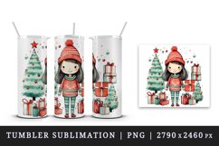 Watercolor cute adorable girl Christmas tree gift box Santa hat New Year 20 oz tumbler skinny mug wrap clipart t-shirt sublimation printable design