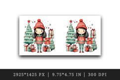 Watercolor cute adorable girl Christmas tree gift box Santa hat New Year 20 oz tumbler skinny mug wrap clipart t-shirt sublimation printable design