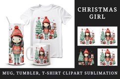 Watercolor cute adorable girl Christmas tree gift box Santa hat New Year 20 oz tumbler skinny mug wrap clipart t-shirt sublimation printable design